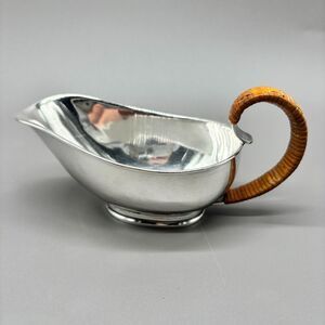 Vintage 1930s Bratland Danish Silver Sauce Gravy Boat 830 Cane Wicker Handle